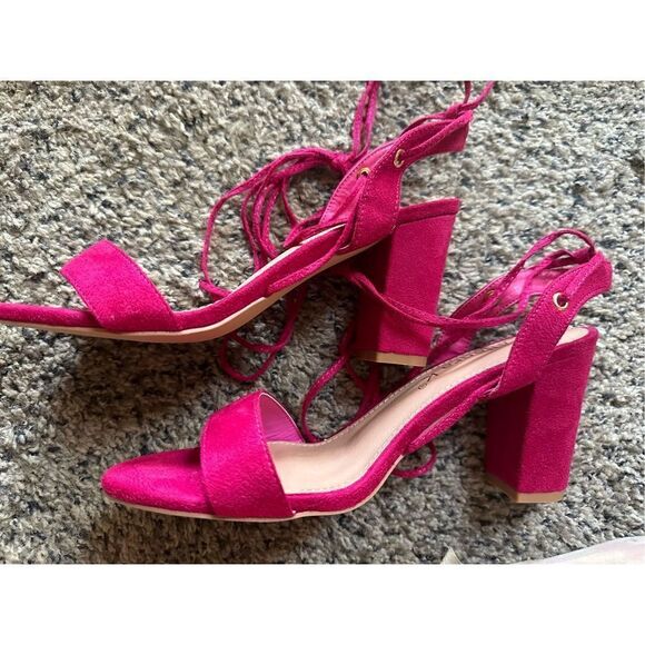 Faux velvet lace up chunky heel fuchsia color size 9 - Picture 1 of 11